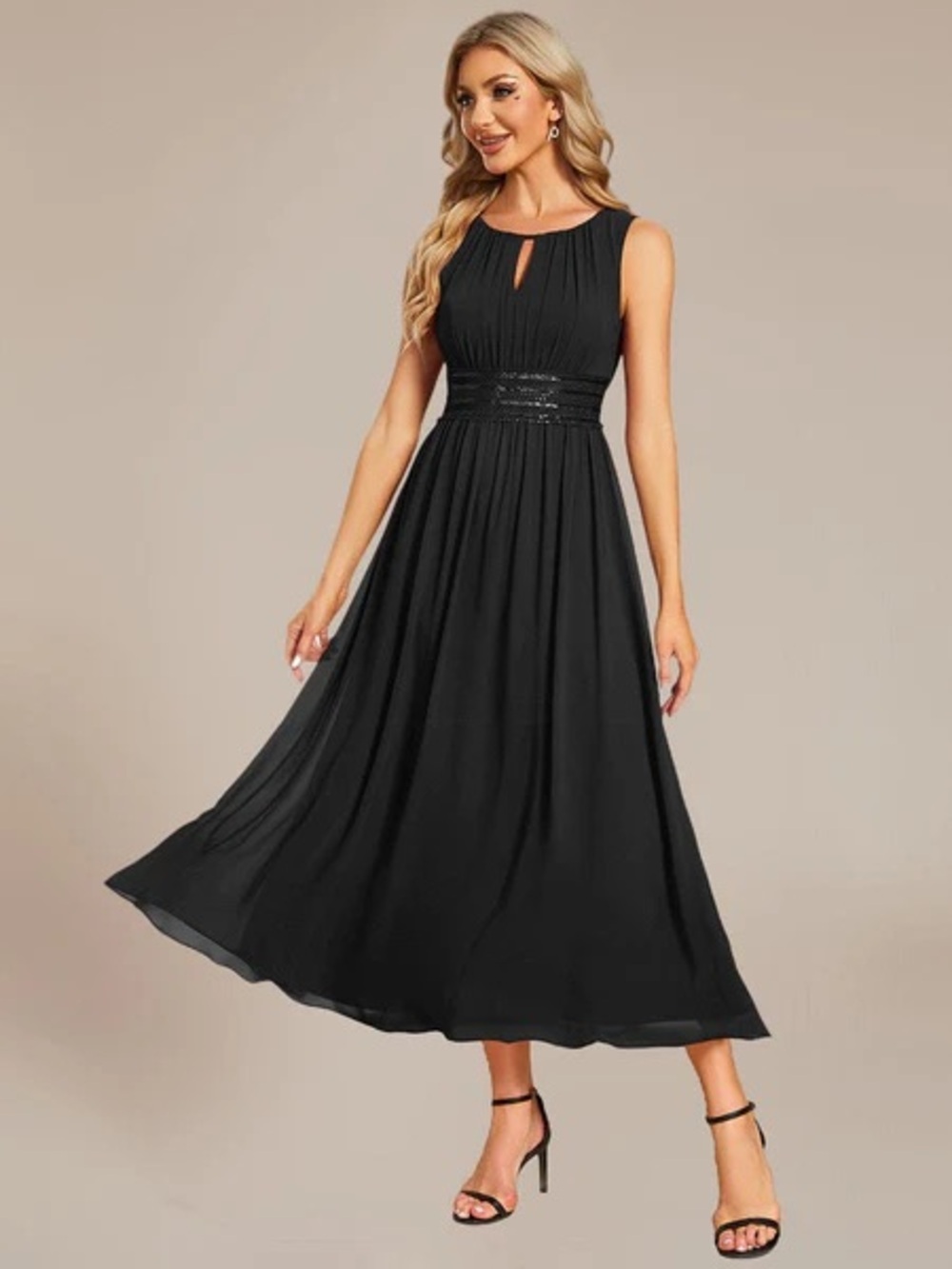 Evereve Sleeveless Black Flowy Dress Button Peep hole Size Large